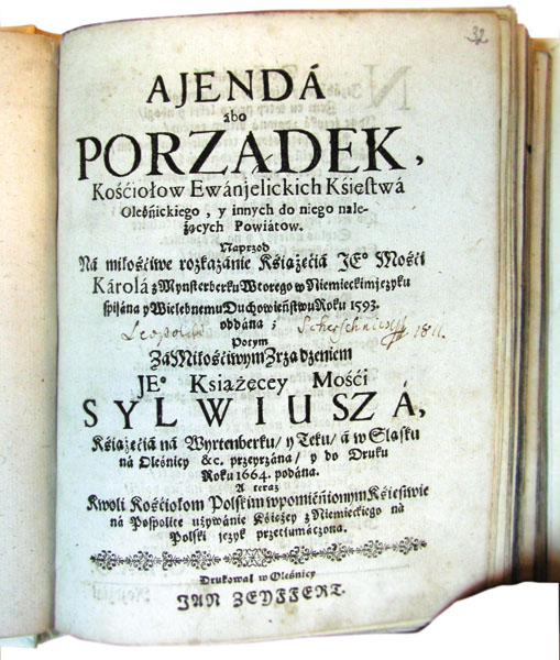 Porządek kościołów ewangelickich księstwa oleśnickiego z 1664 ze zbiorów Książnicy Cieszyńskiej
